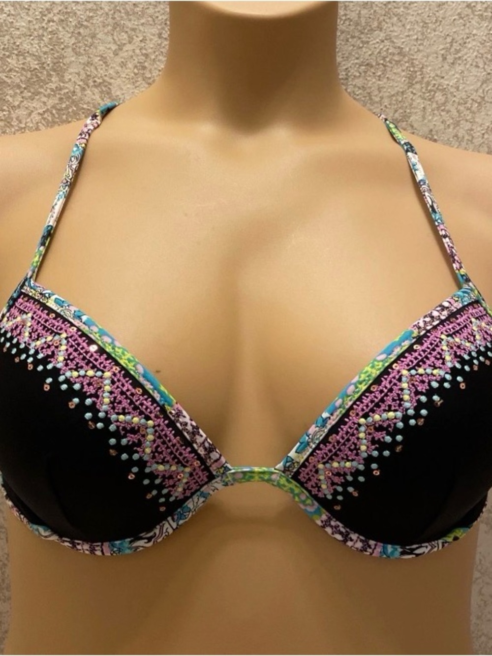 Victoria's Secret Black Halter Bikini Top with Multicolor Embroidered Trim